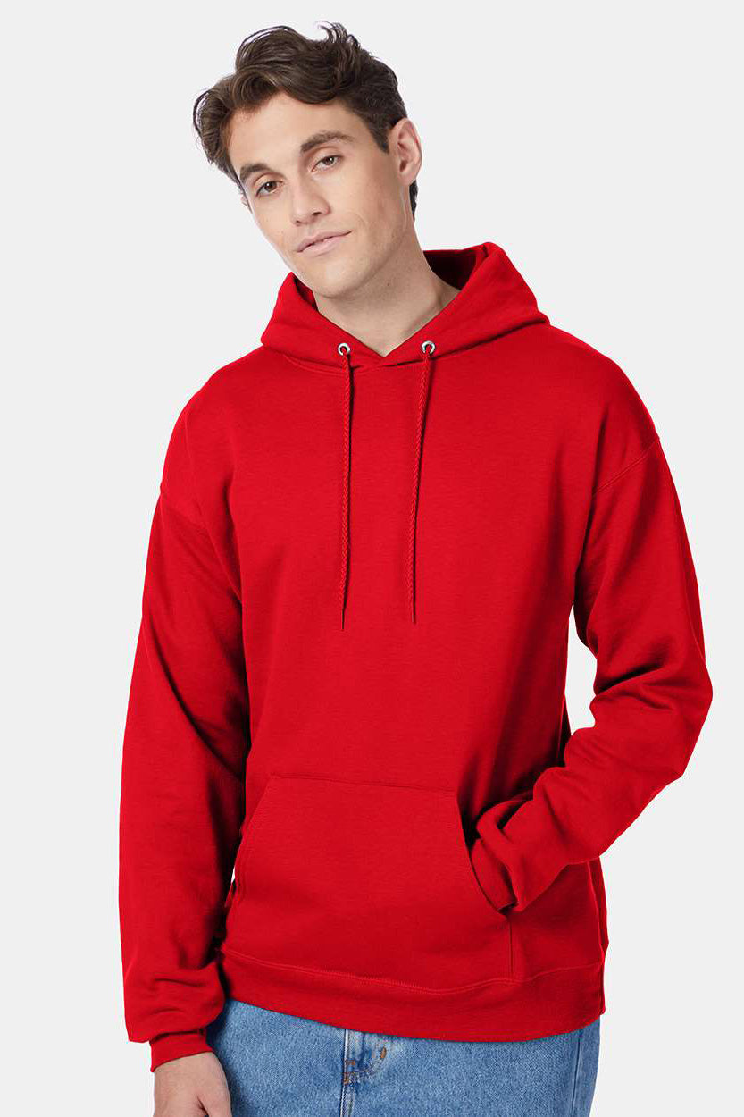 Hanes P170 Mens EcoSmart Print Pro XP Pill Resistant Hooded Sweatshirt Hoodie w/ Pouch Pocket Athletic Red Model Front