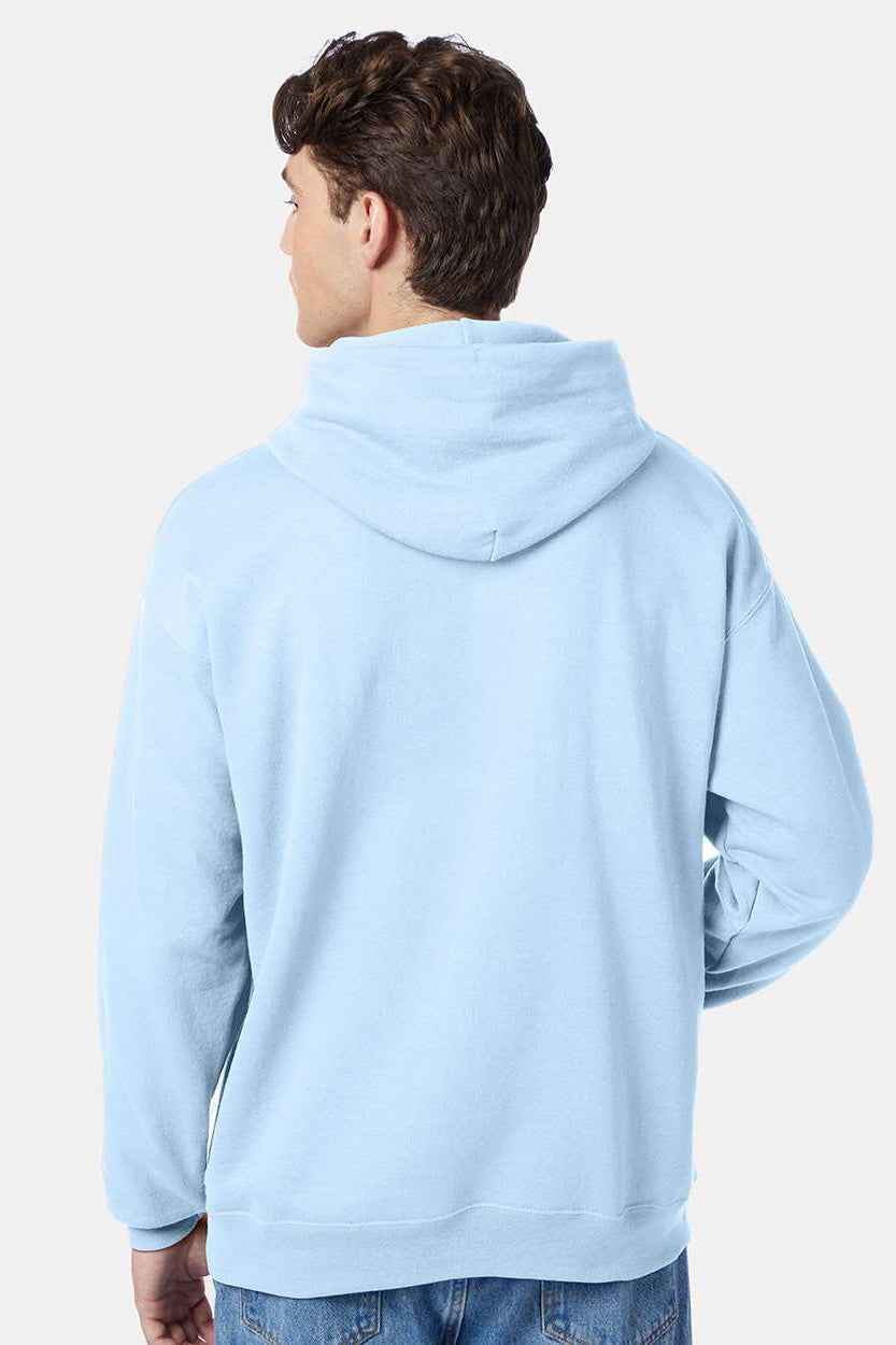 Hanes P170 Mens EcoSmart Print Pro XP Pill Resistant Hooded Sweatshirt Hoodie w/ Pouch Pocket Light Blue Model Back