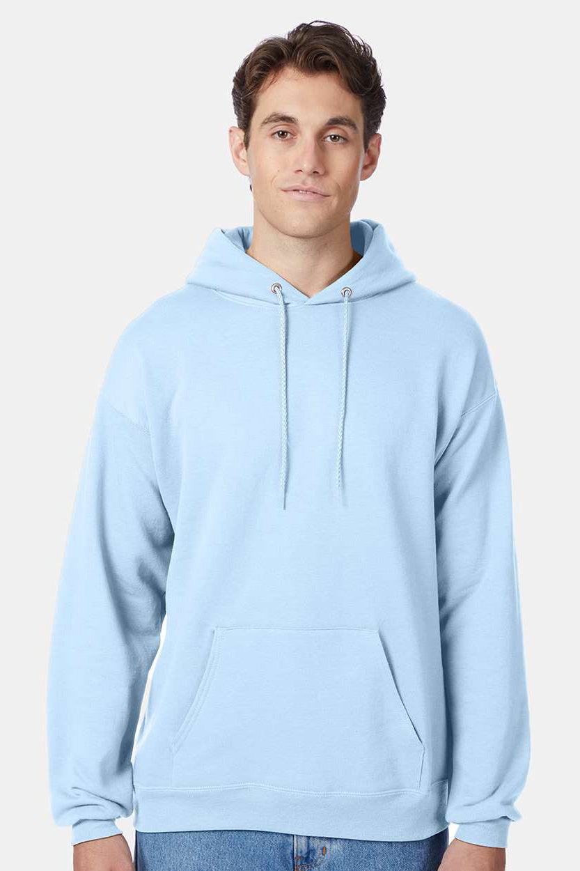 Hanes P170 Mens EcoSmart Print Pro XP Pill Resistant Hooded Sweatshirt Hoodie w/ Pouch Pocket Light Blue Model Front