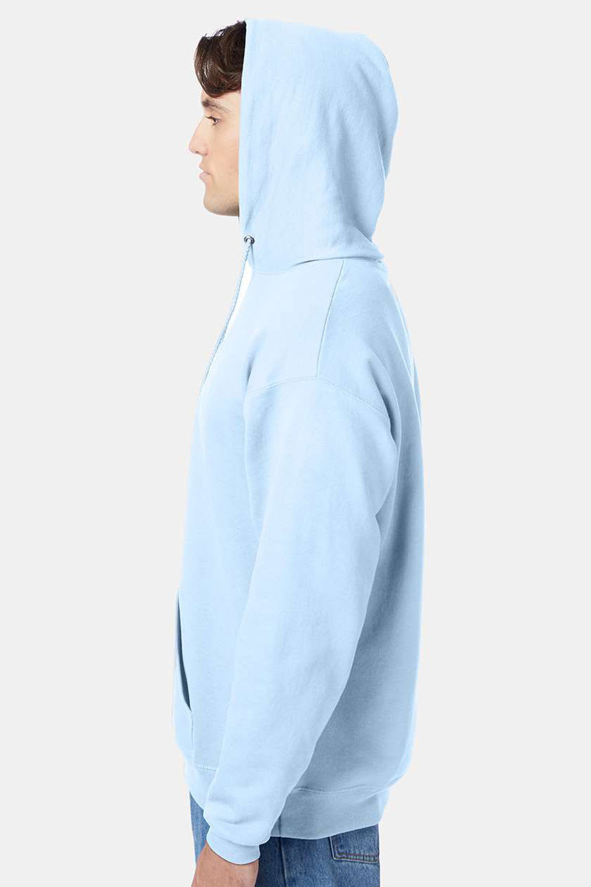 Hanes P170 Mens EcoSmart Print Pro XP Pill Resistant Hooded Sweatshirt Hoodie w/ Pouch Pocket Light Blue Model Side