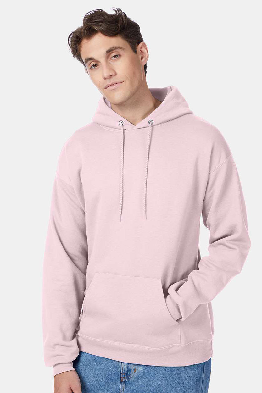 Hanes P170 Mens EcoSmart Print Pro XP Pill Resistant Hooded Sweatshirt Hoodie w/ Pouch Pocket Pale Pink Model Front