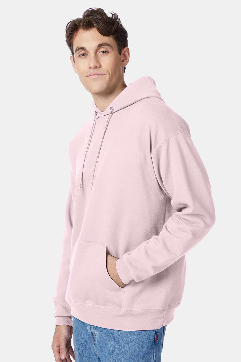 Hanes P170 Mens EcoSmart Print Pro XP Pill Resistant Hooded Sweatshirt Hoodie w/ Pouch Pocket Pale Pink Model Side