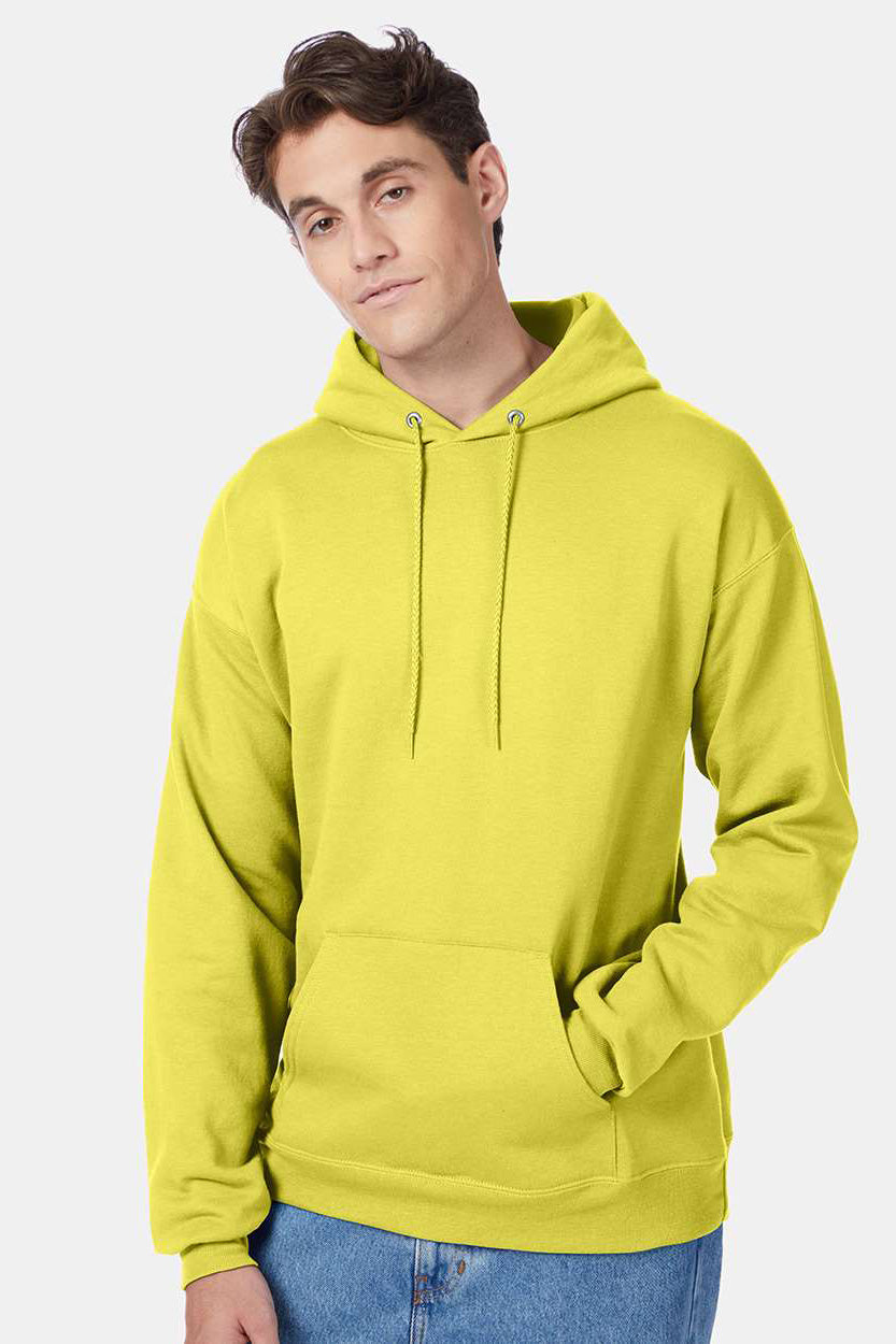 Hanes P170 Mens EcoSmart Print Pro XP Pill Resistant Hooded Sweatshirt Hoodie w/ Pouch Pocket Yellow Model Front