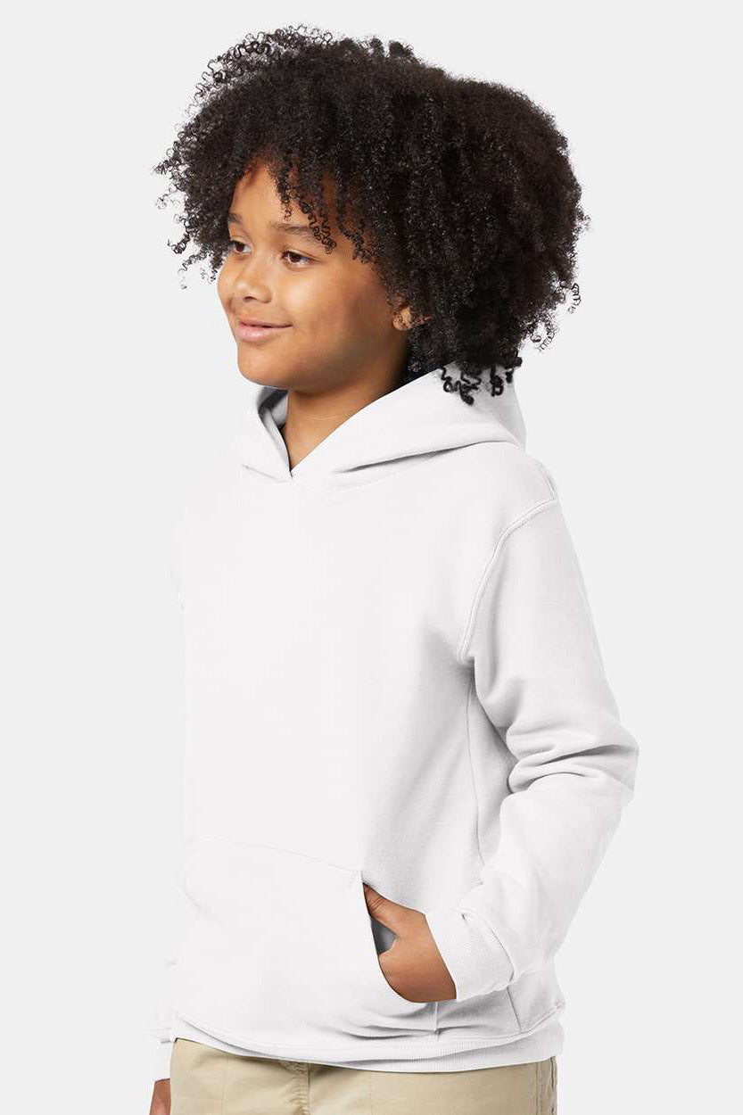 Hanes P470/P473 Youth EcoSmart Print Pro XP Pill Resistant Hooded Sweatshirt Hoodie w/ Pouch Pocket White Model Side