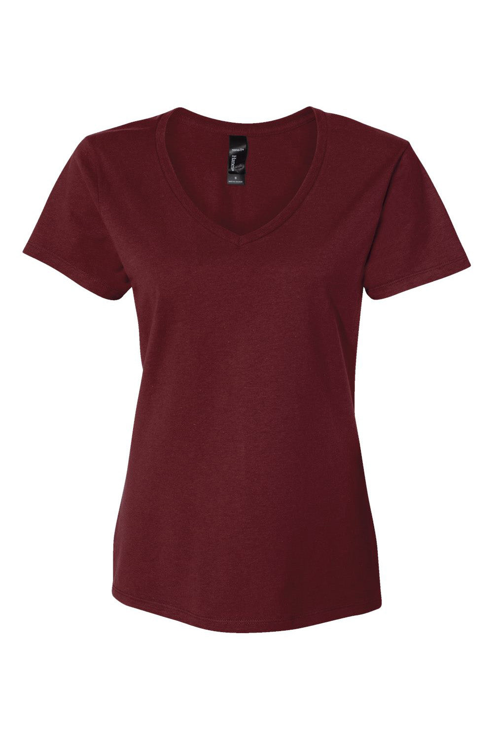 Hanes S04V Womens Nano-T Short Sleeve V-Neck T-Shirt Maroon Flat Front