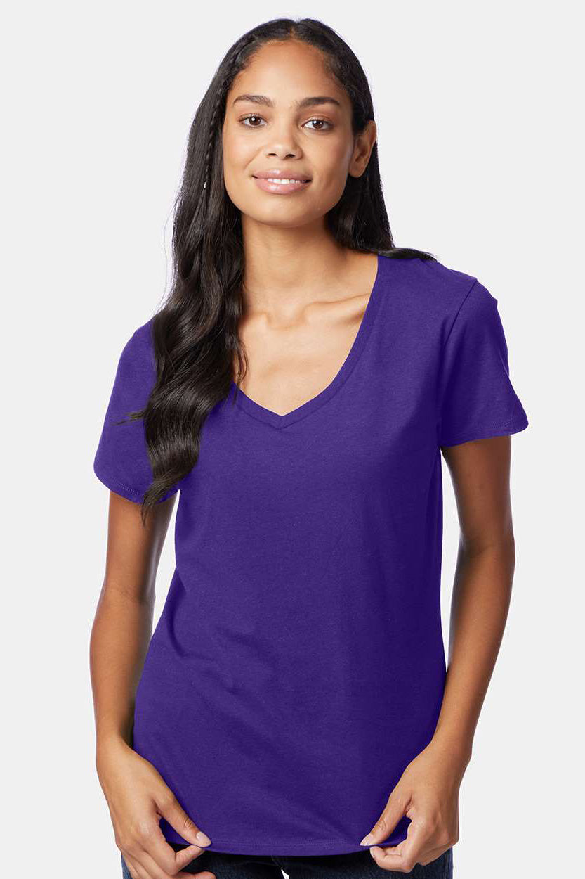 Hanes S04V Womens Nano-T Short Sleeve V-Neck T-Shirt Purple Model Front