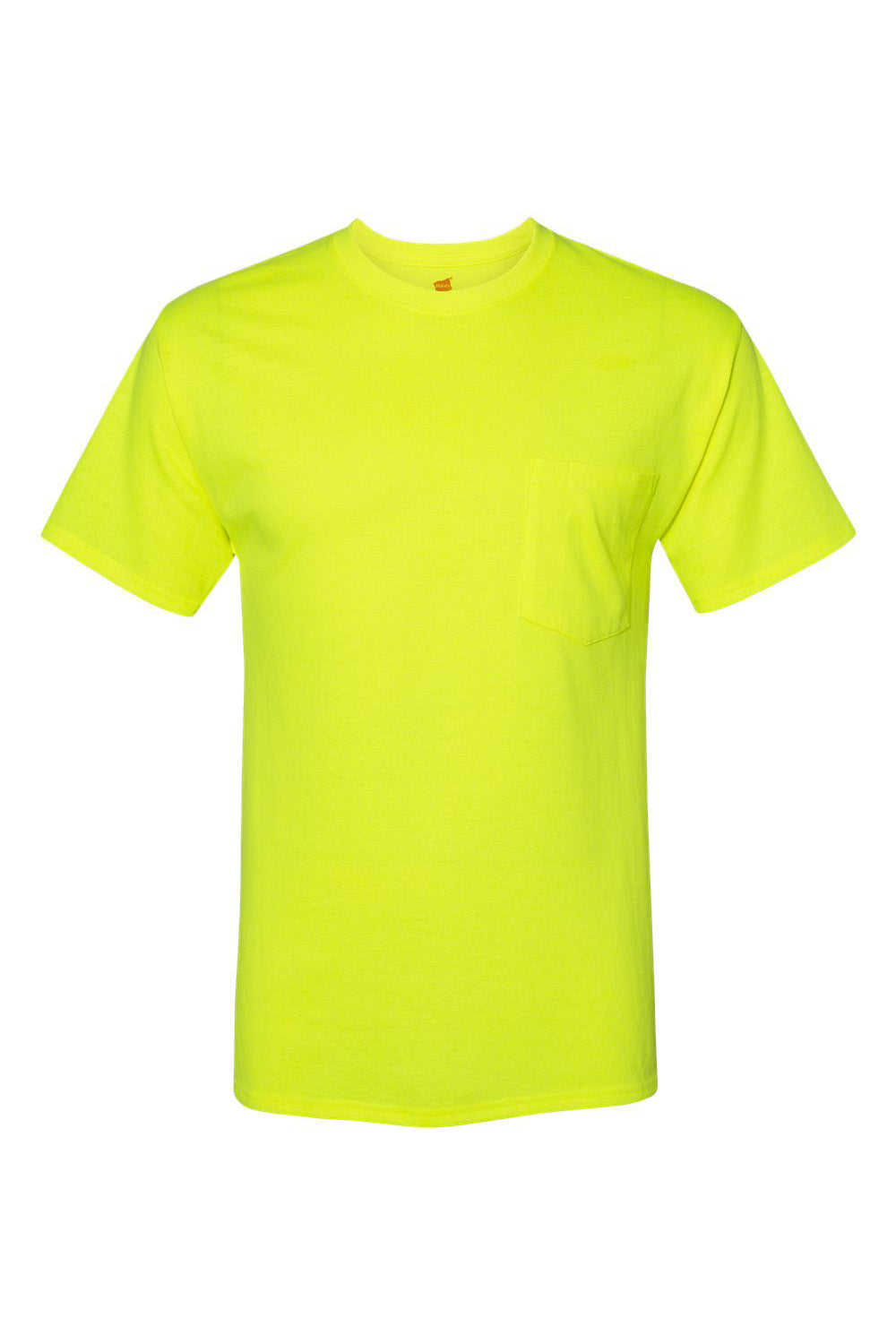 Hanes W110 Mens Workwear UPF 50+ Short Sleeve Crewneck T-Shirt w/ Pocket Safety Green Flat Front