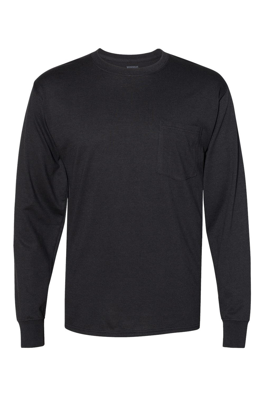 Hanes W120 Mens Workwear UPF 50+ Long Sleeve Crewneck T-Shirt w/ Pocket Black Flat Front