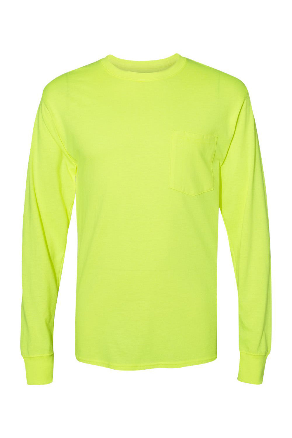 Hanes W120 Mens Workwear UPF 50+ Long Sleeve Crewneck T-Shirt w/ Pocket Safety Green Flat Front