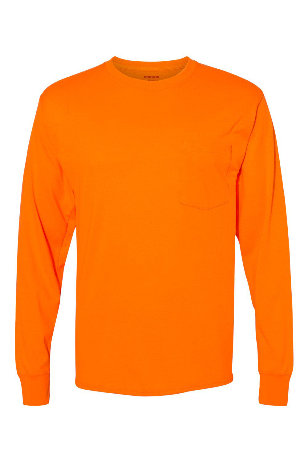 Hanes W120 Mens Workwear UPF 50+ Long Sleeve Crewneck T-Shirt w/ Pocket Safety Orange Flat Front