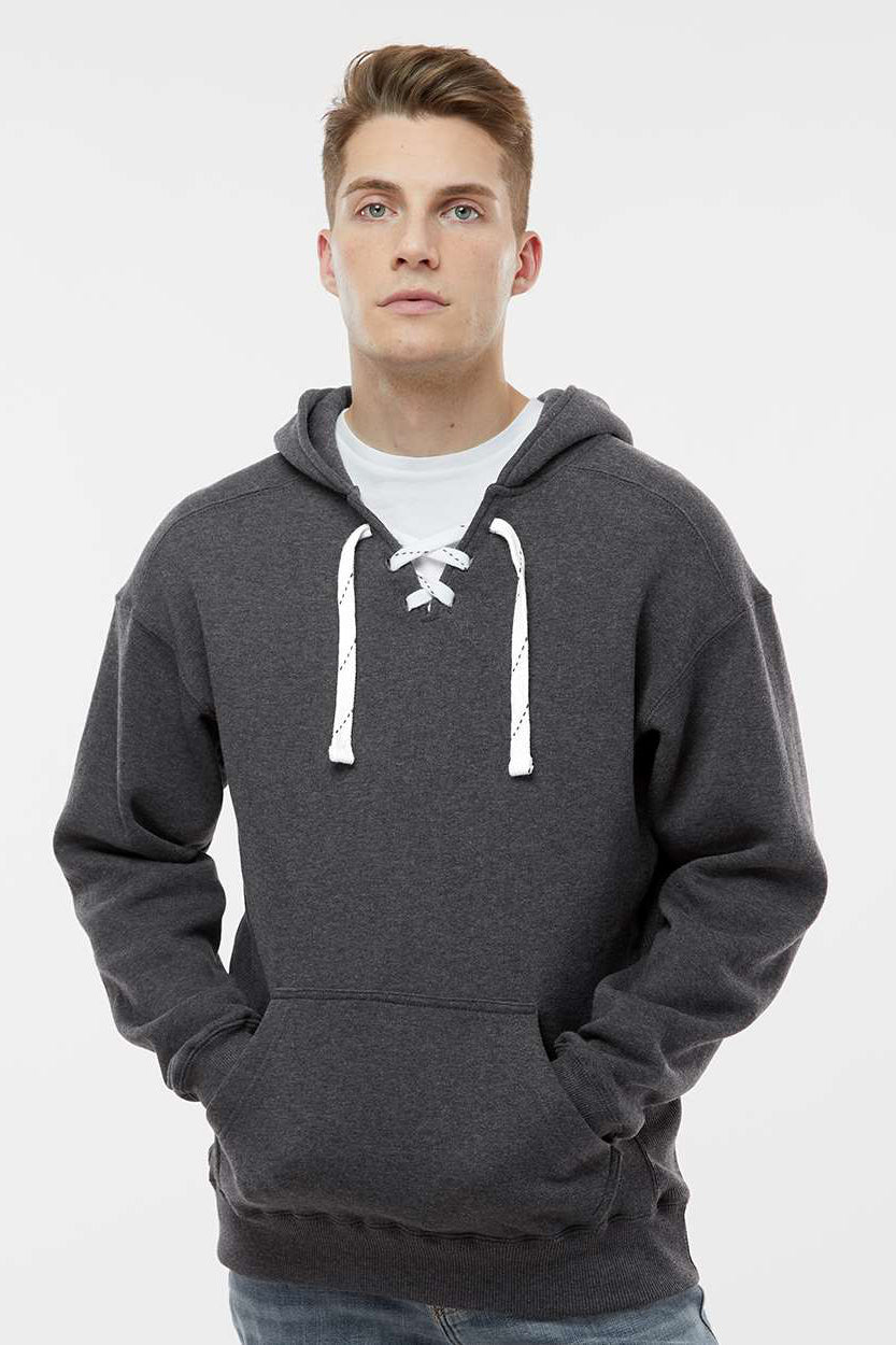 J America JA8830/8830 Mens Sport Lace Hooded Sweatshirt Hoodie w/ Pouch Pocket Heather Charcoal Grey Model Front