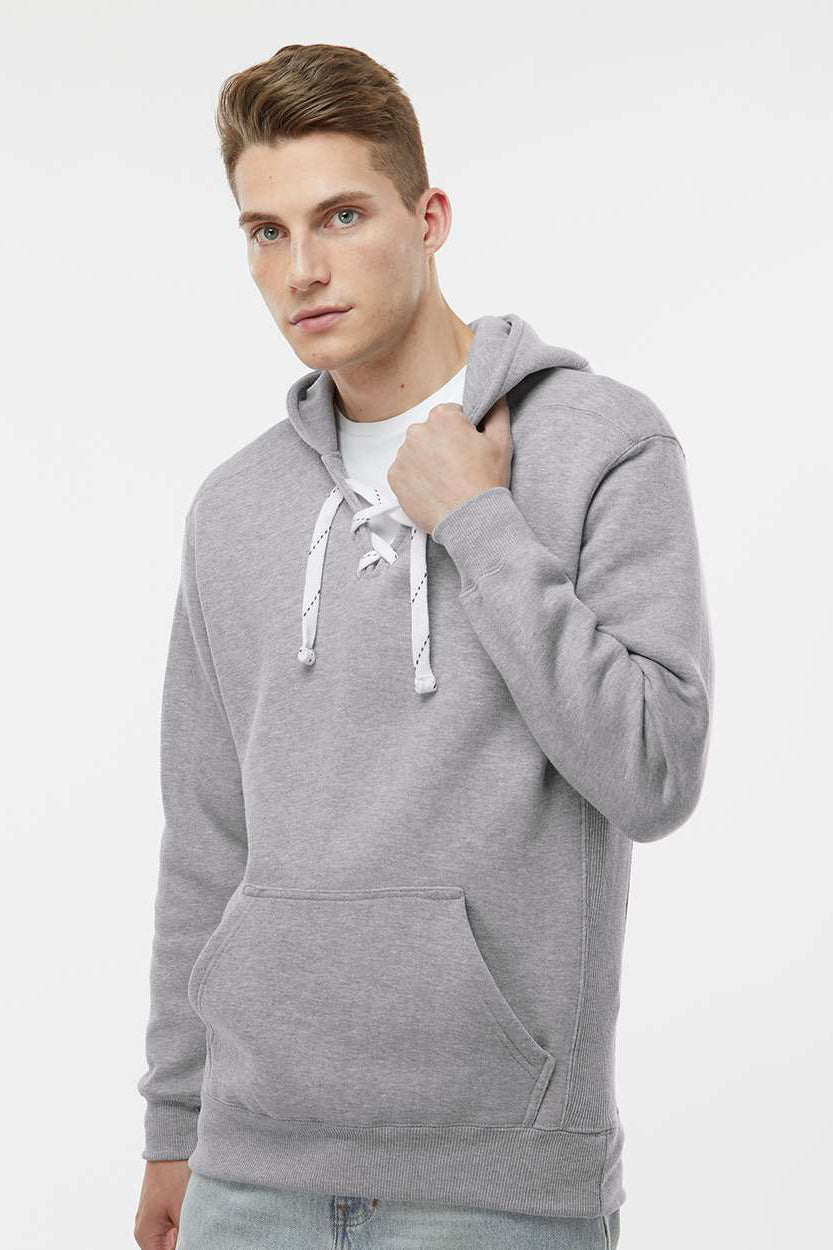 J America JA8830/8830 Mens Sport Lace Hooded Sweatshirt Hoodie w/ Pouch Pocket Oxford Grey Model Front