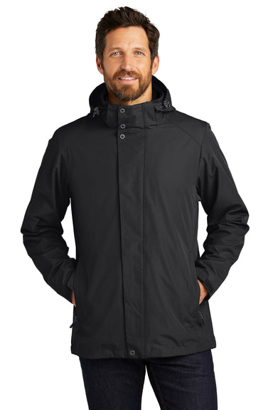 Port Authority J123 Mens All Weather 3-in-1 Water Resistant Full Zip Hooded Jacket Black Model Front