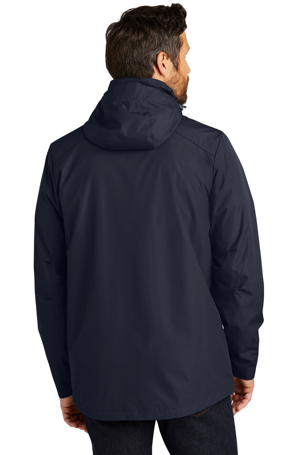 Port Authority J123 Mens All Weather 3-in-1 Water Resistant Full Zip Hooded Jacket River Navy Blue Model Back