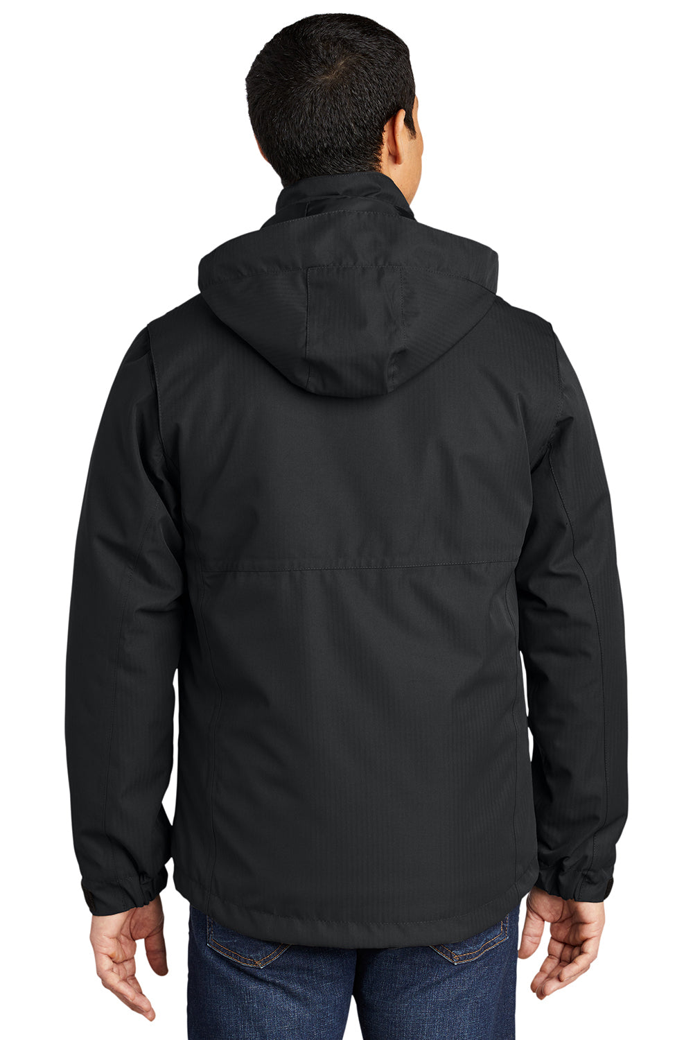 Port Authority J302 Mens Herringbone 3-in-1 Waterproof Full Zip Hooded Jacket Black Model Back