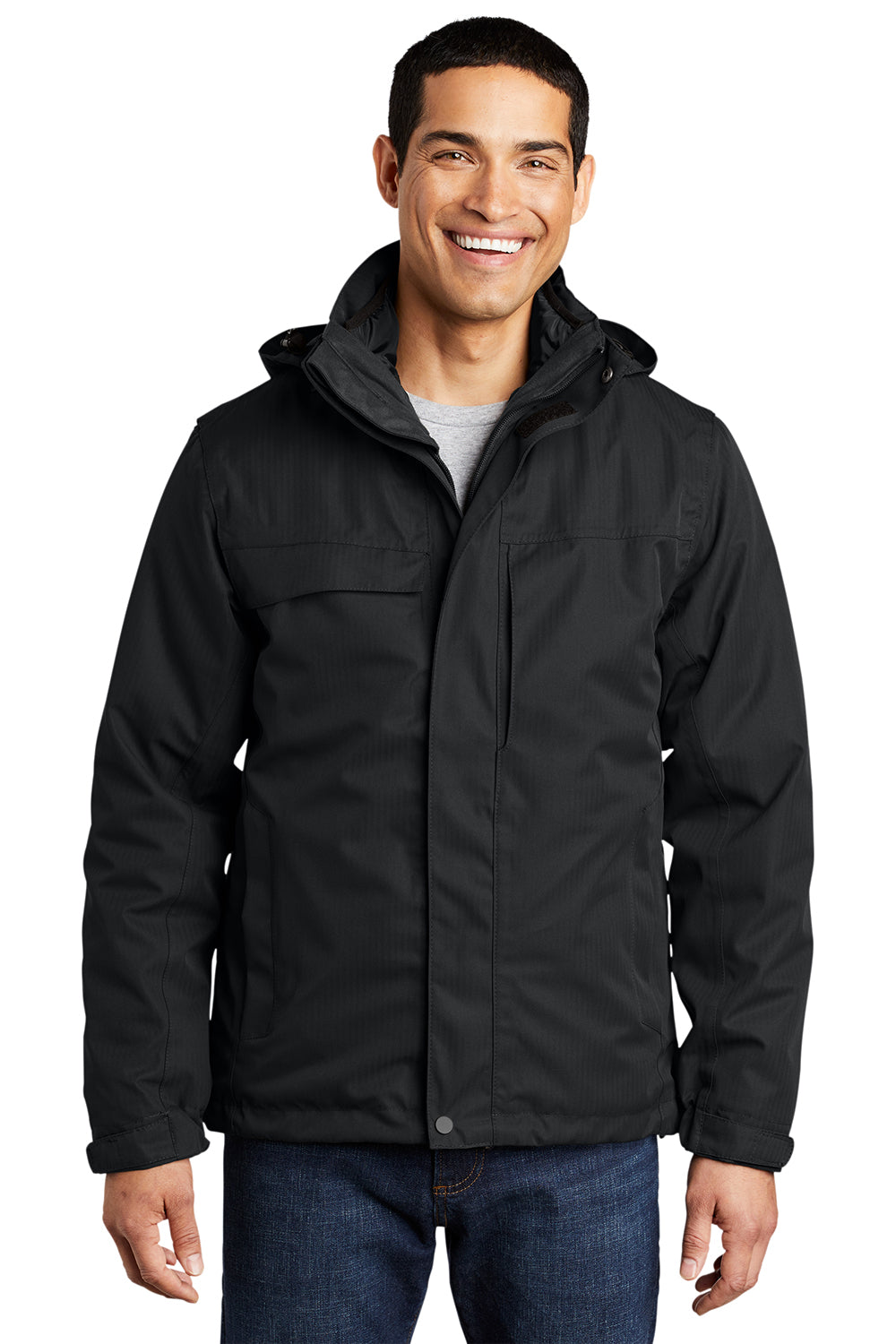 Port Authority J302 Mens Herringbone 3-in-1 Waterproof Full Zip Hooded Jacket Black Model Front