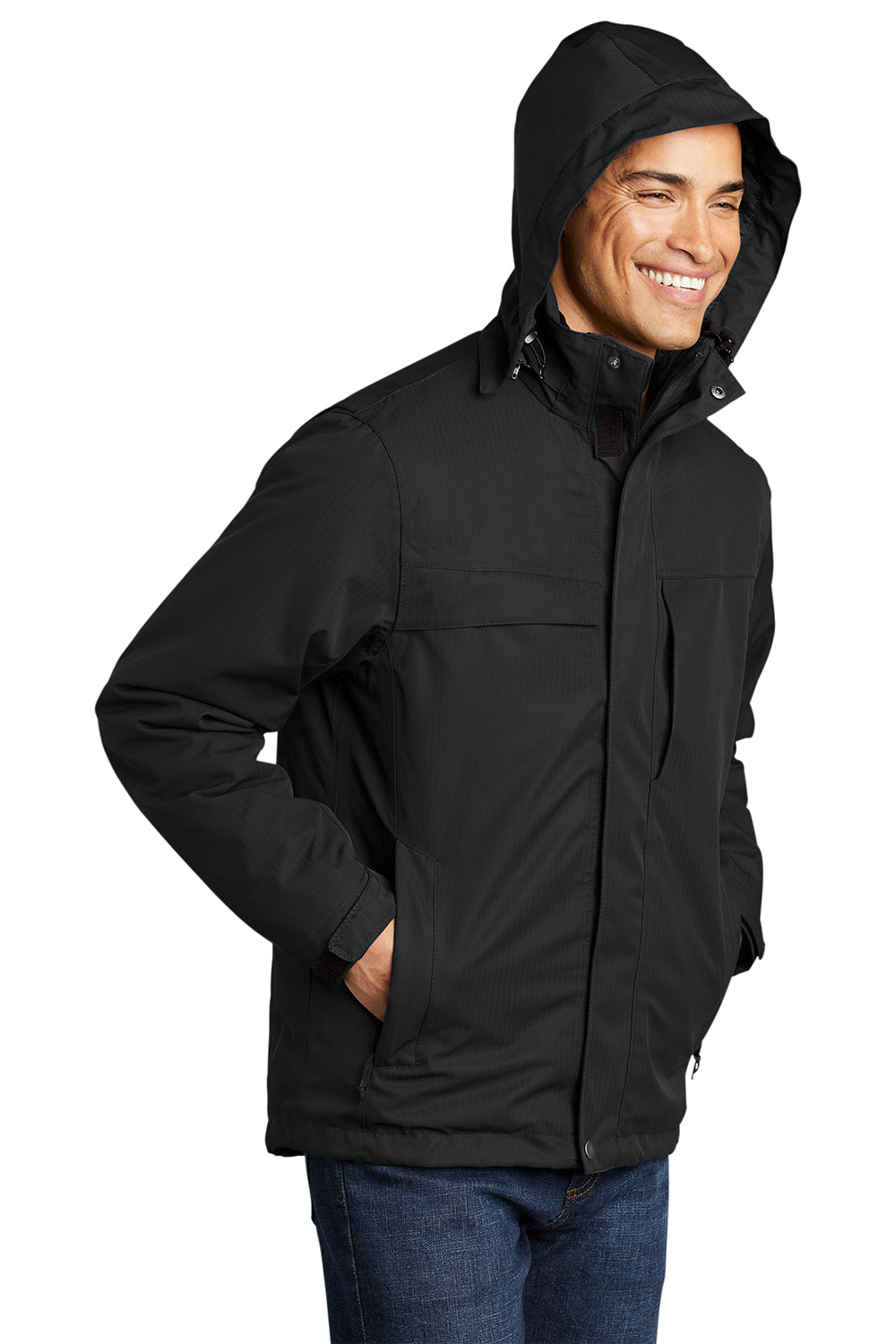 Port Authority J302 Mens Herringbone 3-in-1 Waterproof Full Zip Hooded Jacket Black Model 3q