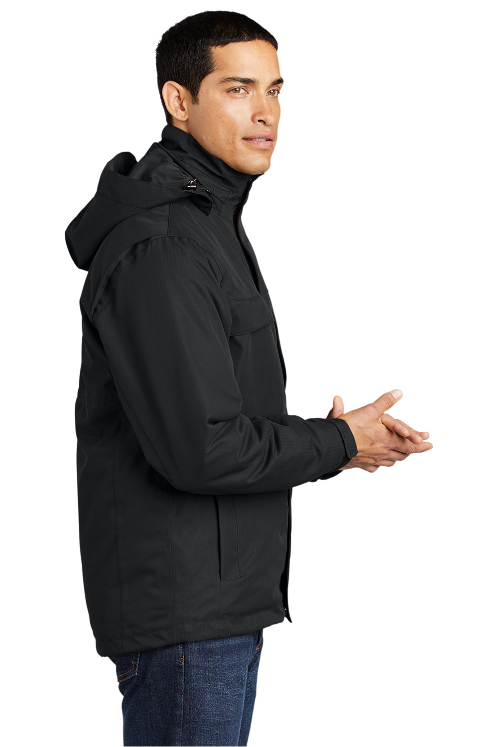 Port Authority J302 Mens Herringbone 3-in-1 Waterproof Full Zip Hooded Jacket Black Model Side