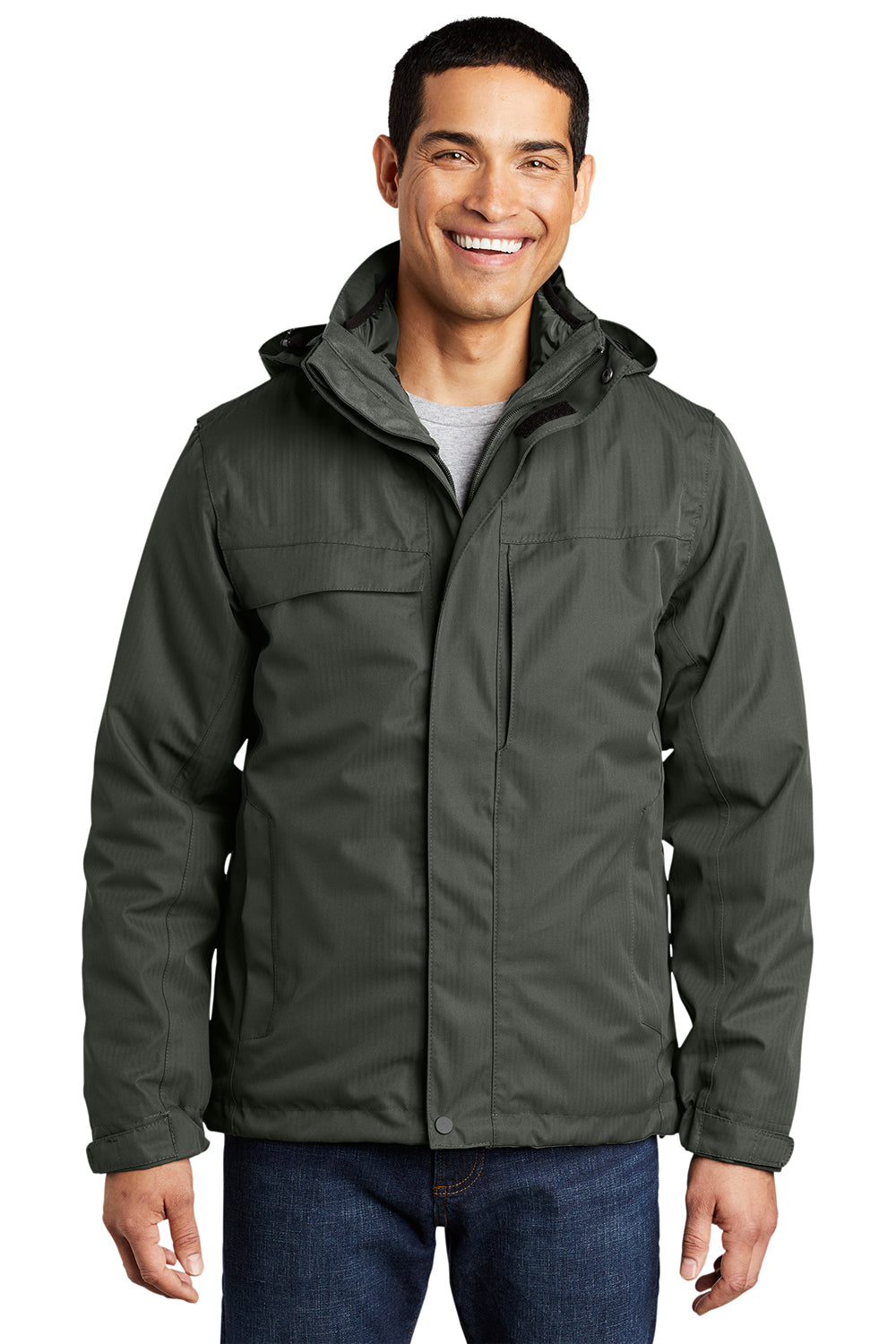 Port Authority J302 Mens Herringbone 3-in-1 Waterproof Full Zip Hooded Jacket Spruce Green Model Front