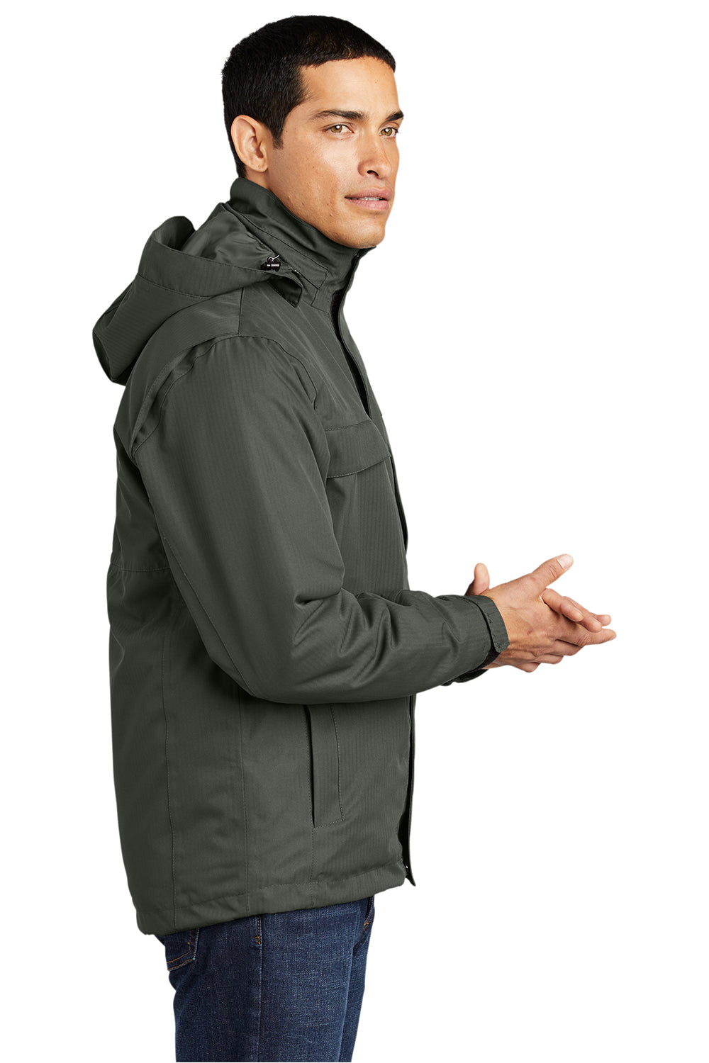 Port Authority J302 Mens Herringbone 3-in-1 Waterproof Full Zip Hooded Jacket Spruce Green Model Side