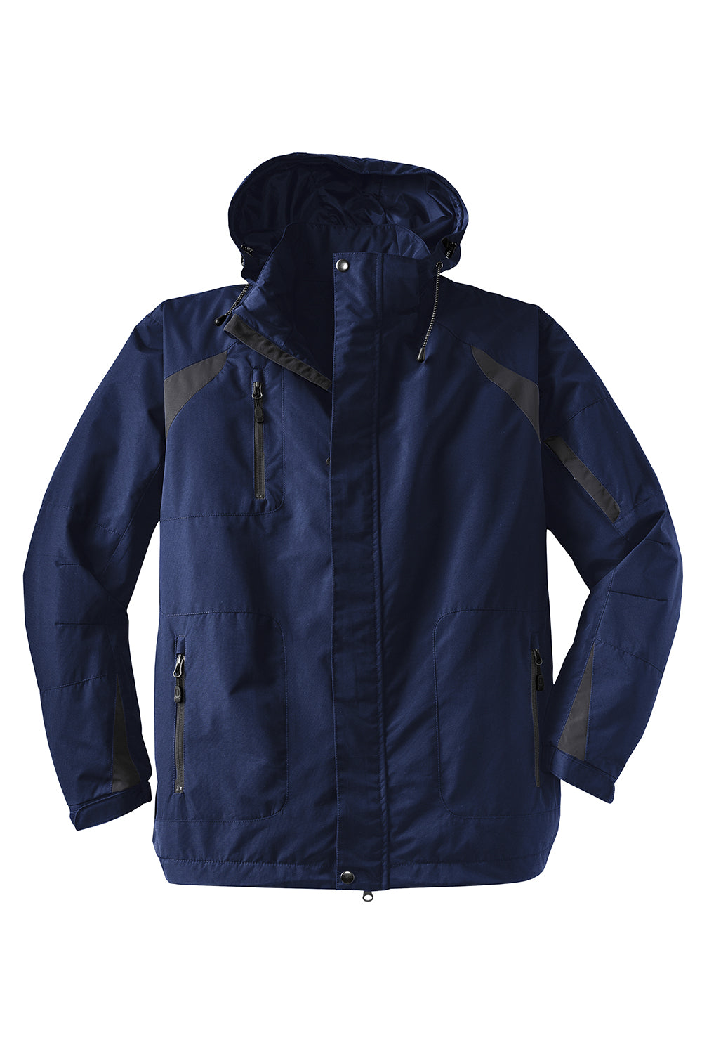 Port Authority J304 Mens All Season II Waterproof Full Zip Hooded Jacket True Navy Blue/Iron Grey Flat Front