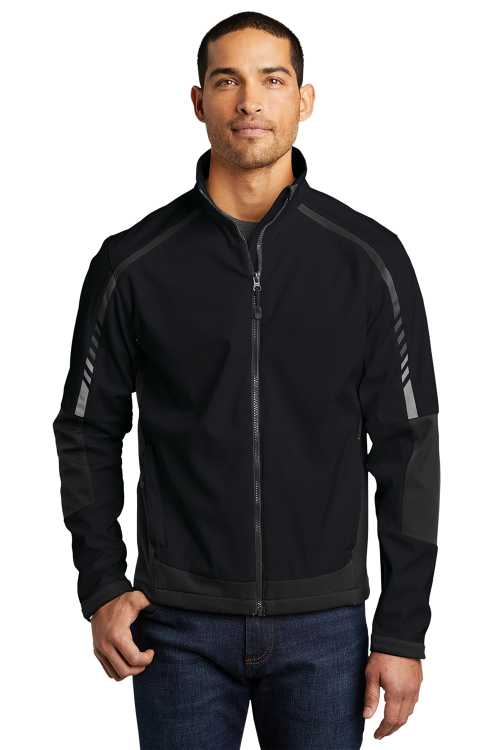 Port Authority J307 Mens Embark Wind & Water Resistant Full Zip Jacket Black/Deep Grey Model Front