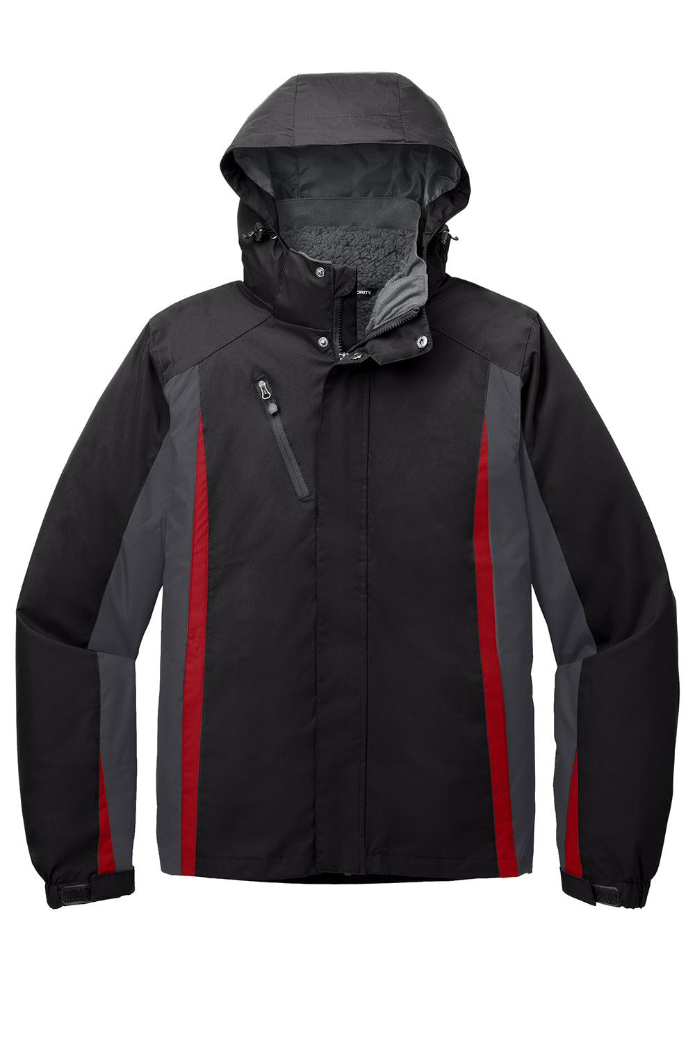 Port Authority J321 Mens 3-in-1 Wind & Water Resistant Full Zip Hooded Jacket Black/Magnet Grey/Signal Red Flat Front