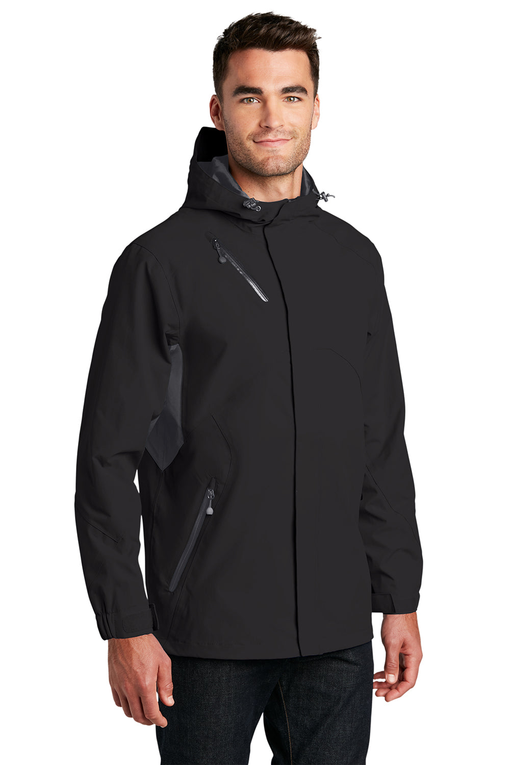 Port Authority J322 Mens Cascade Waterproof Full Zip Hooded Jacket Black/Magnet Grey Model 3q