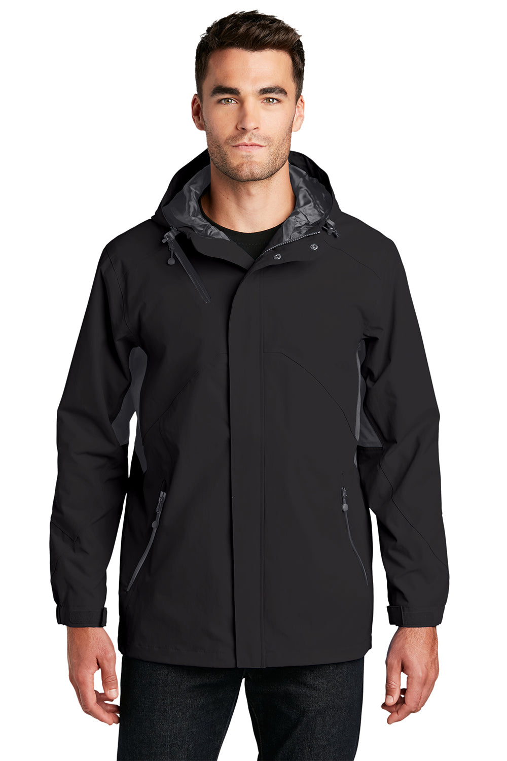 Port Authority J322 Mens Cascade Waterproof Full Zip Hooded Jacket Black/Magnet Grey Model Front