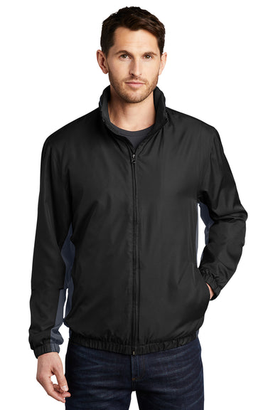 Port Authority J330 Mens Core Wind & Water Resistant Full Zip Jacket Black/Battleship Grey Model Front