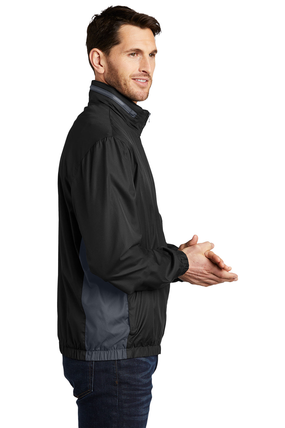 Port Authority J330 Mens Core Wind & Water Resistant Full Zip Jacket Black/Battleship Grey Model Side