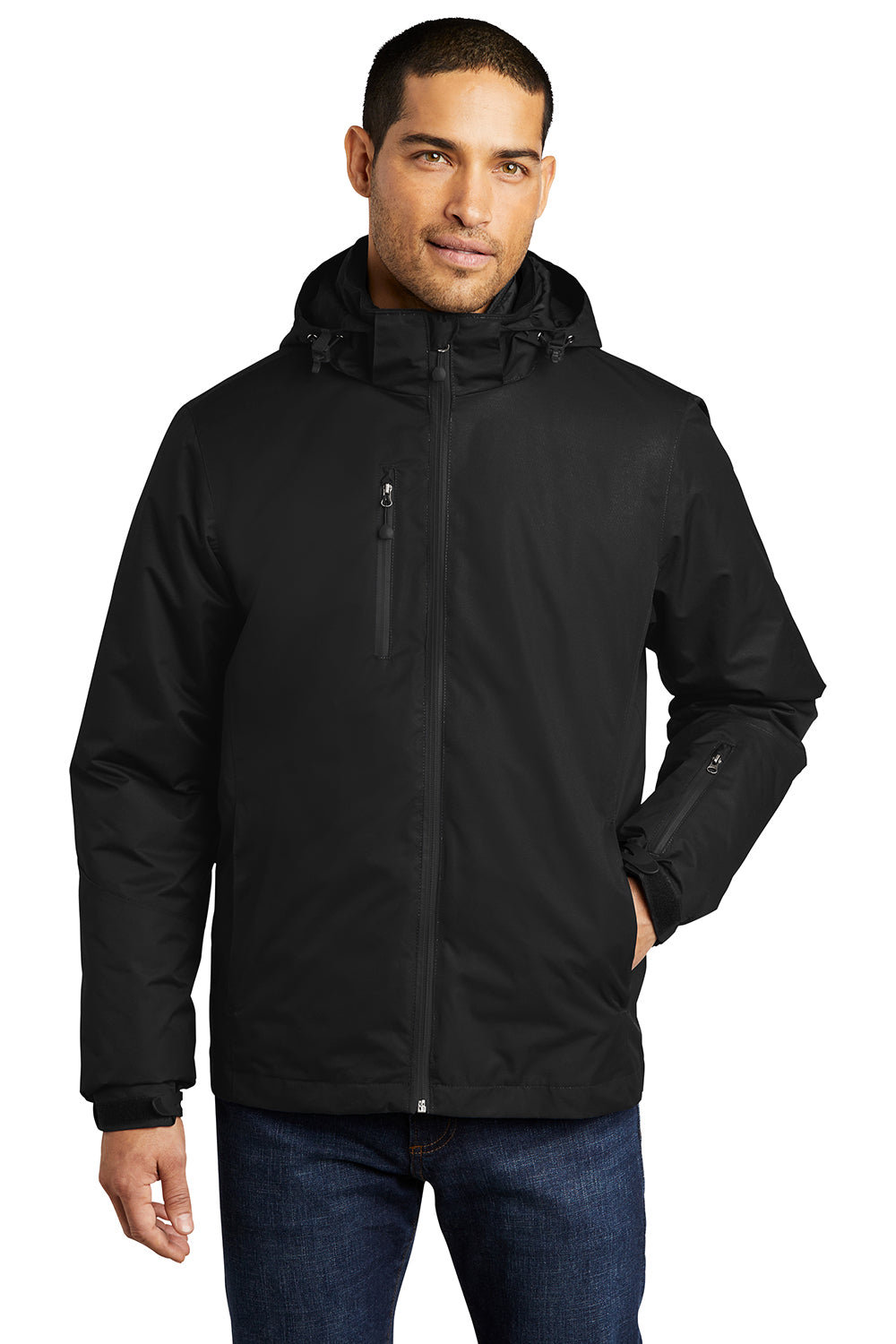 Port Authority J332 Mens Vortex 3-in-1 Waterproof Full Zip Hooded Jacket Black Model Front