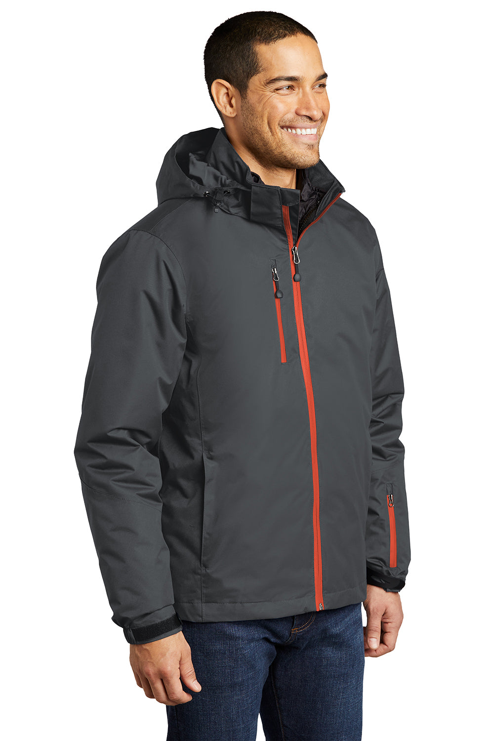 Port Authority J332 Mens Vortex 3-in-1 Waterproof Full Zip Hooded Jacket Magnet Grey/Orange Model 3q