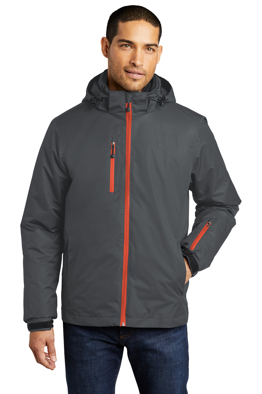 Port Authority J332 Mens Vortex 3-in-1 Waterproof Full Zip Hooded Jacket Magnet Grey/Orange Model Front