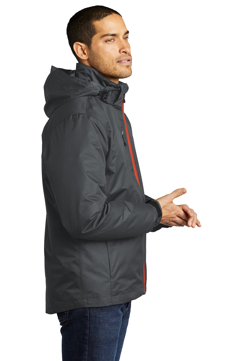 Port Authority J332 Mens Vortex 3-in-1 Waterproof Full Zip Hooded Jacket Magnet Grey/Orange Model Side