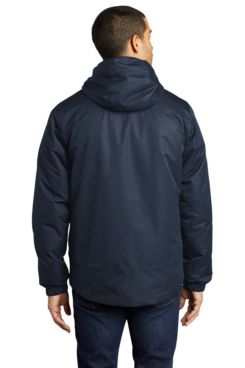 Port Authority J332 Mens Vortex 3-in-1 Waterproof Full Zip Hooded Jacket River Navy Blue Model Back