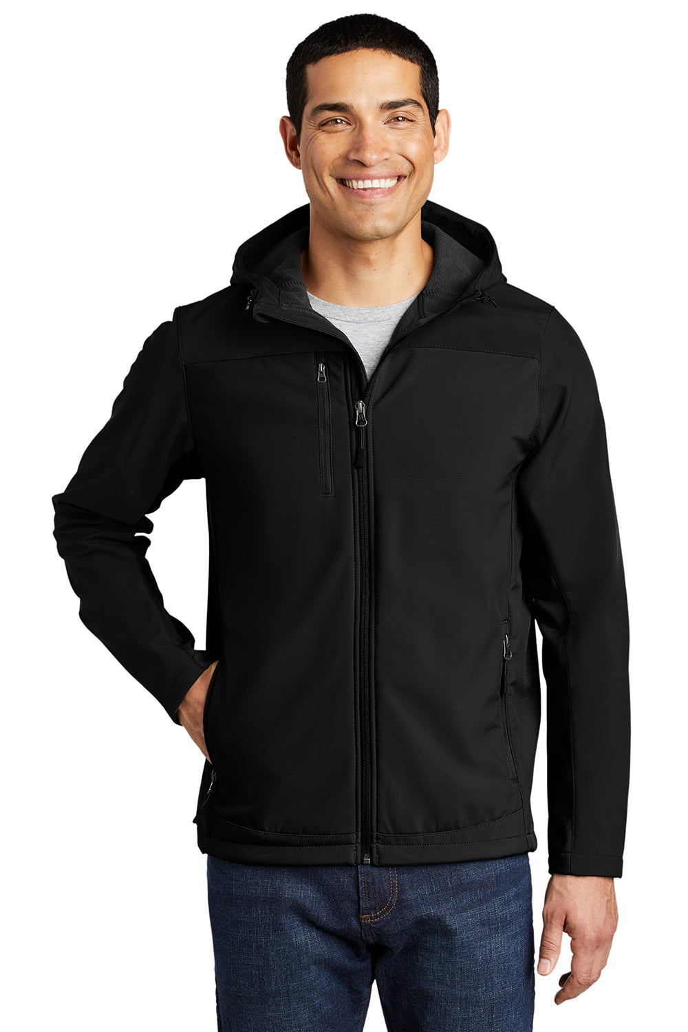 Port Authority J335 Mens Core Wind & Water Resistant Full Zip Hooded Jacket Black Model Front