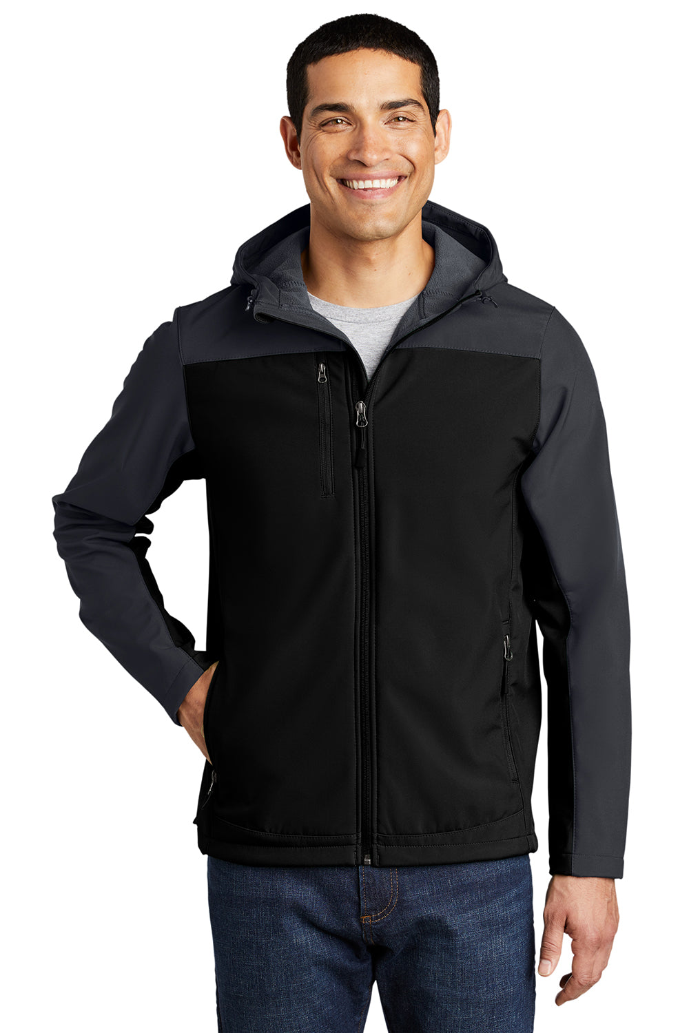 Port Authority J335 Mens Core Wind & Water Resistant Full Zip Hooded Jacket Black/Battleship Grey Model Front