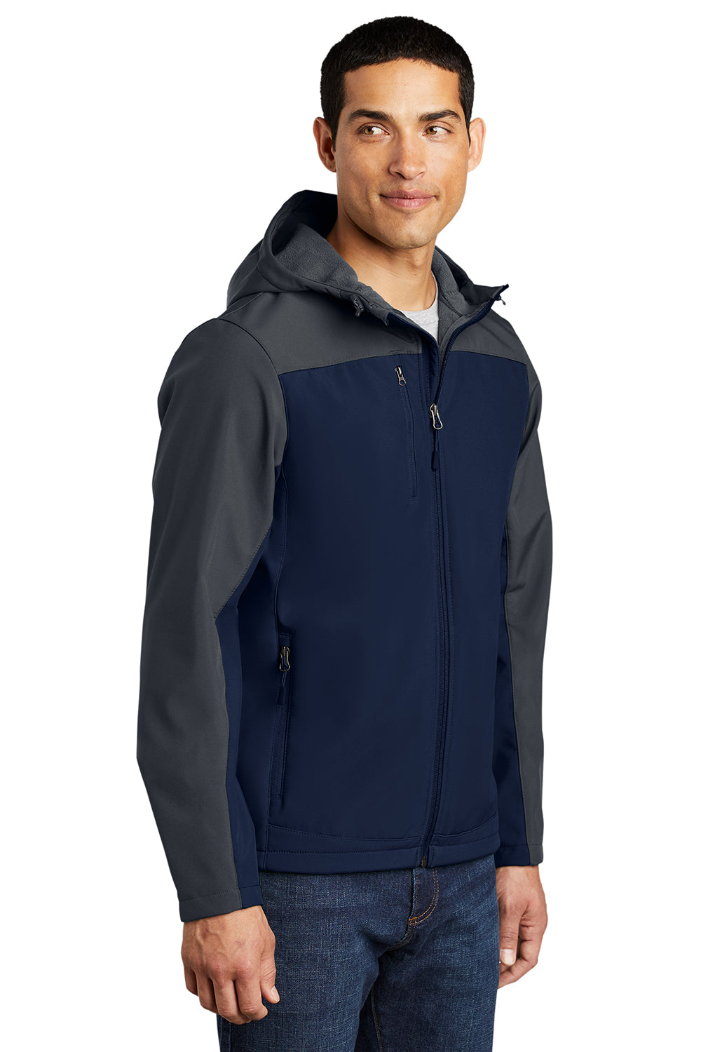 Port Authority J335 Mens Core Wind & Water Resistant Full Zip Hooded Jacket Dress Navy Blue/Battleship Grey Model 3q