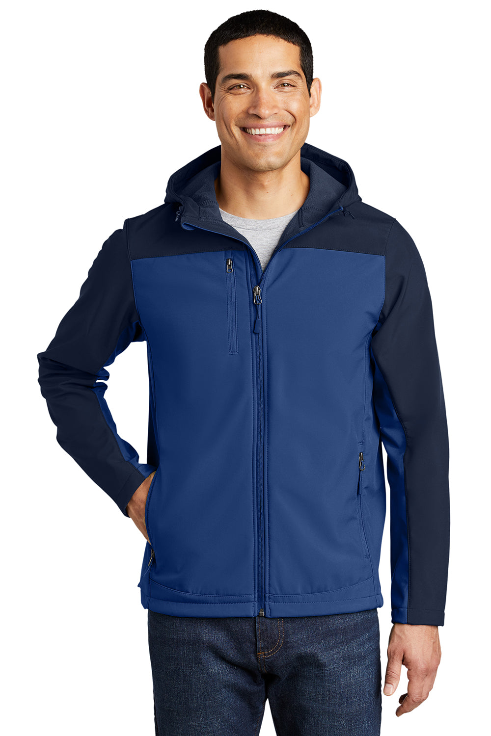 Port Authority J335 Mens Core Wind & Water Resistant Full Zip Hooded Jacket Night Sky Blue/Dress Navy Blue Model Front