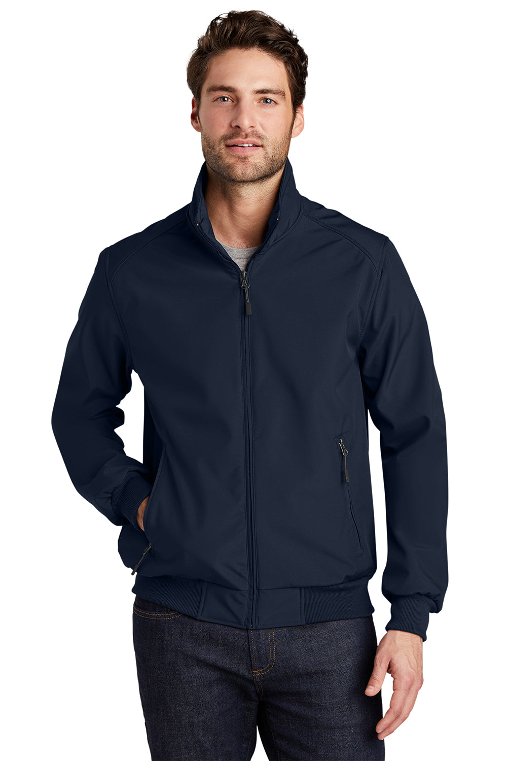 Port Authority J337 Mens Bomber Wind & Water Resistant Full Zip Jacket Dress Navy Blue Model Front