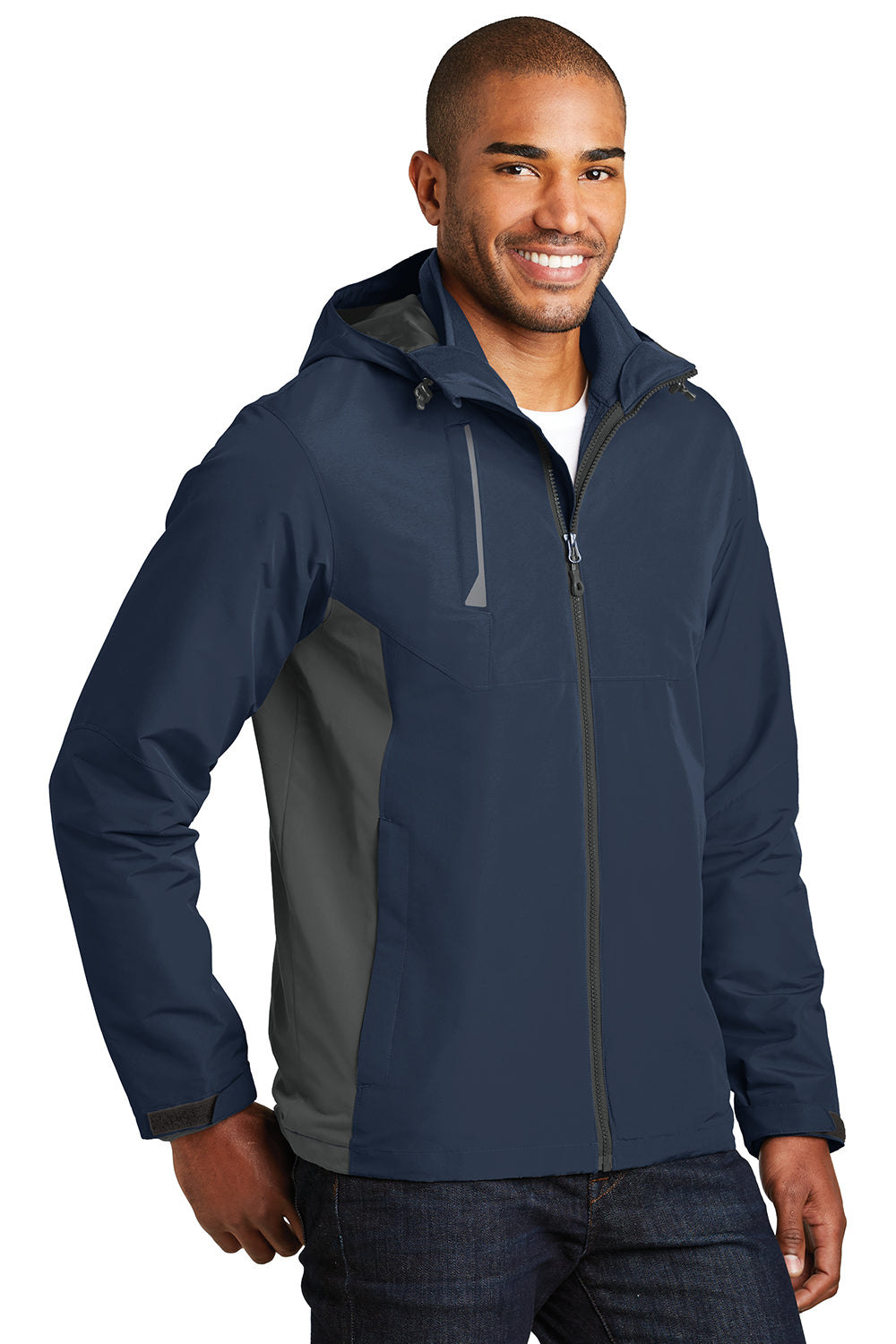 Port Authority J338 Mens Merge 3-in-1 Wind & Water Full Zip Hooded Jacket Dress Navy Blue/Steel Grey Model 3q