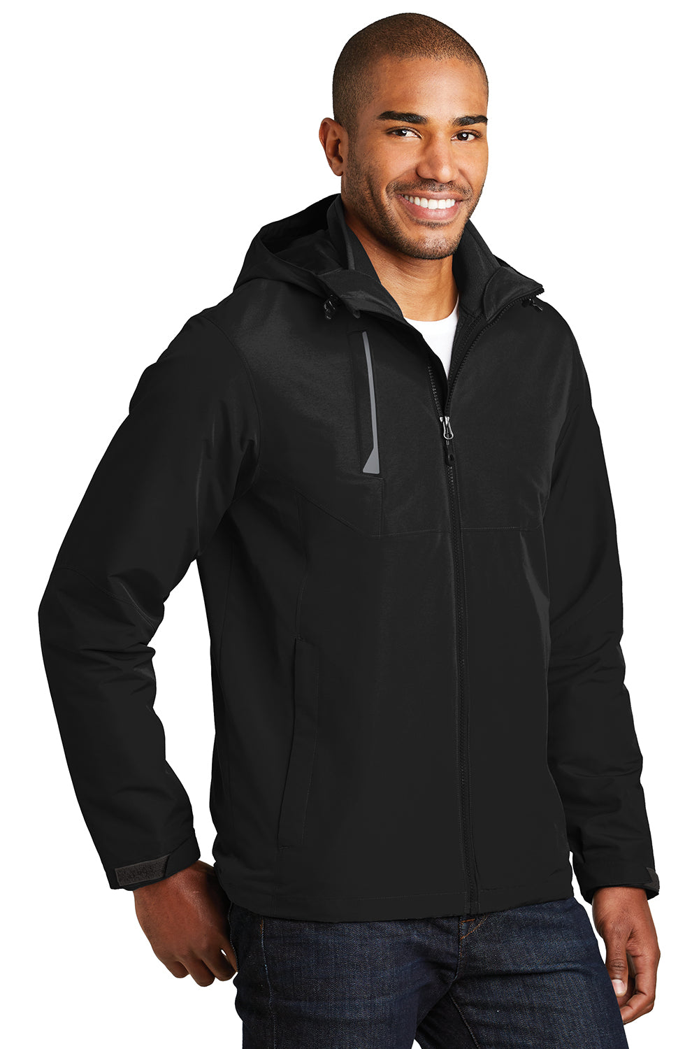 Port Authority J338 Mens Merge 3-in-1 Wind & Water Full Zip Hooded Jacket Deep Black Model 3q