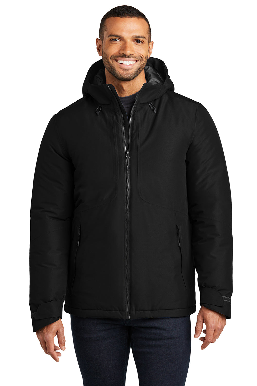 Port Authority J362 Mens Venture Windproof & Waterproof Insulated Full Zip Hooded Jacket Deep Black Model Front