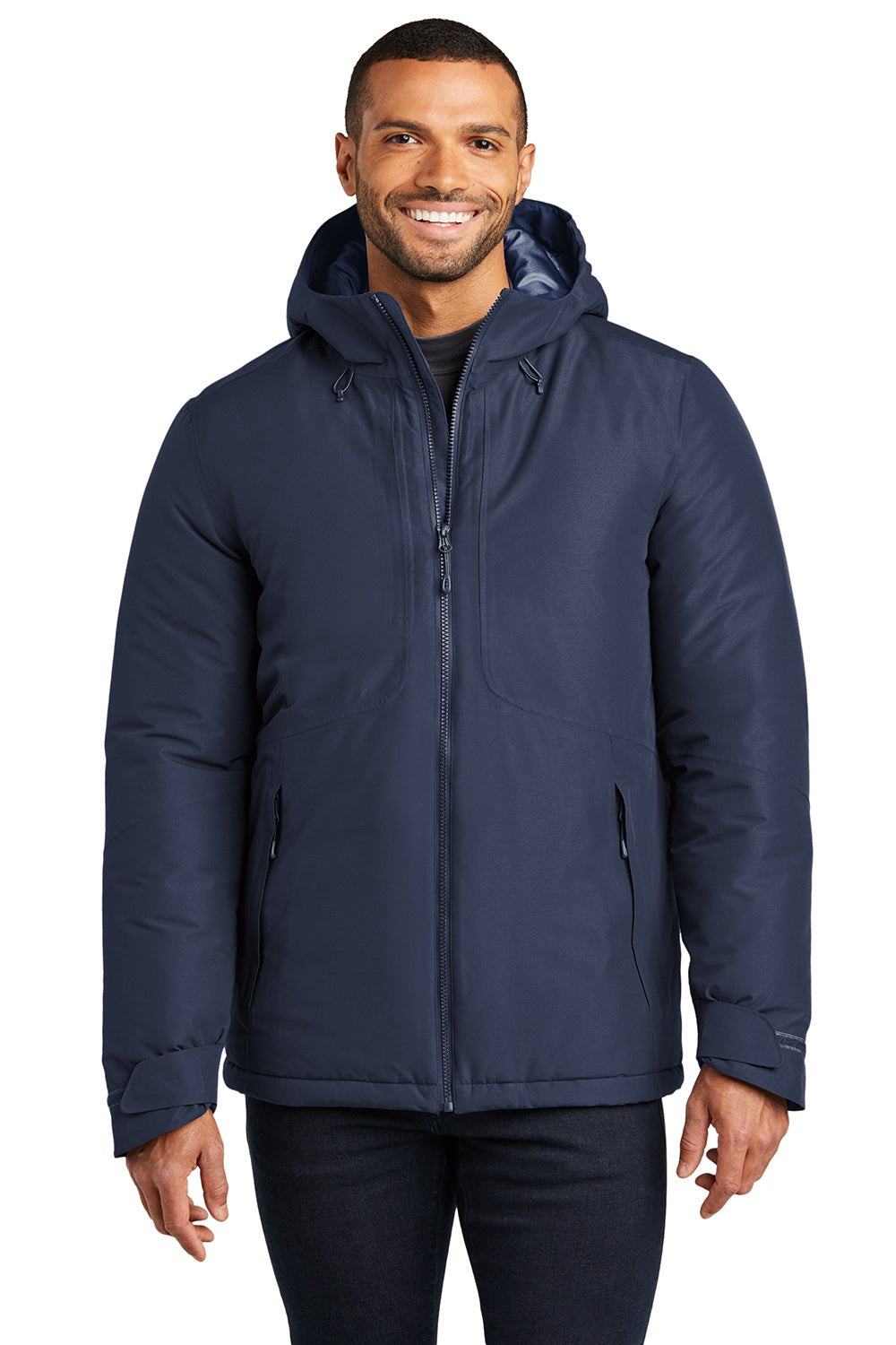 Port Authority J362 Mens Venture Windproof & Waterproof Insulated Full Zip Hooded Jacket Dress Navy Blue Model Front