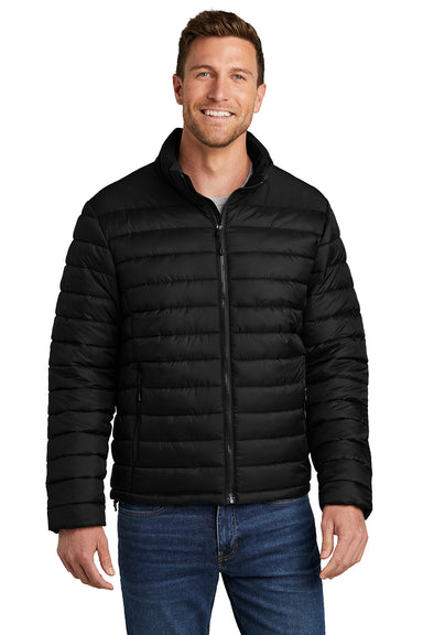 Port Authority J364 Mens Horizon Water Resistant Full Zip Puffy Jacket Deep Black Model Front