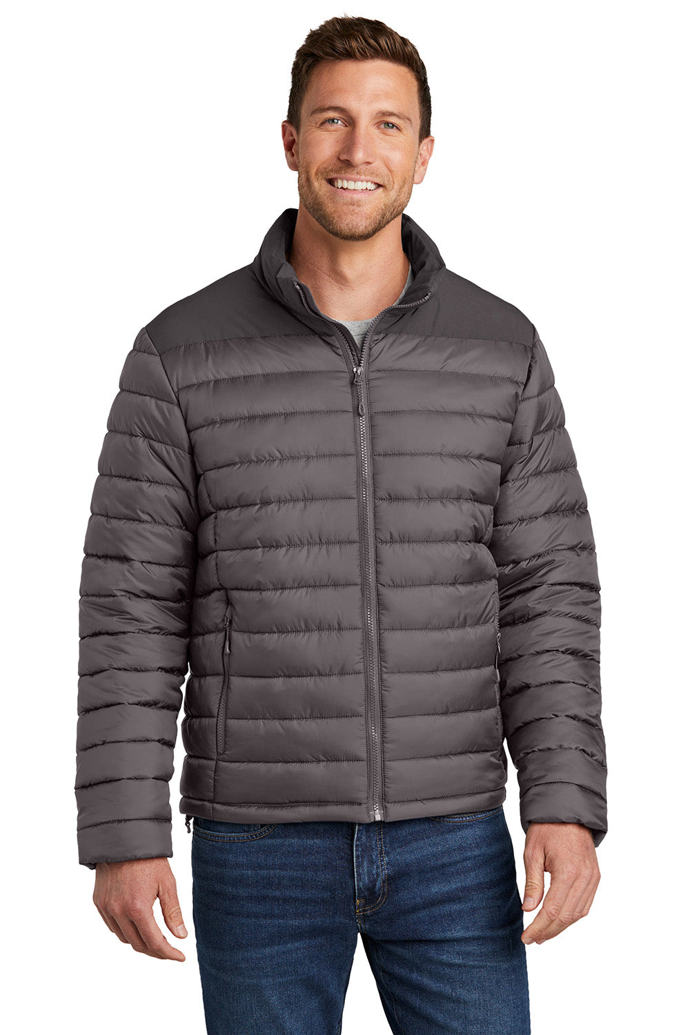 Port Authority J364 Mens Horizon Water Resistant Full Zip Puffy Jacket Deep Smoke Grey/Smoke Grey Model Front