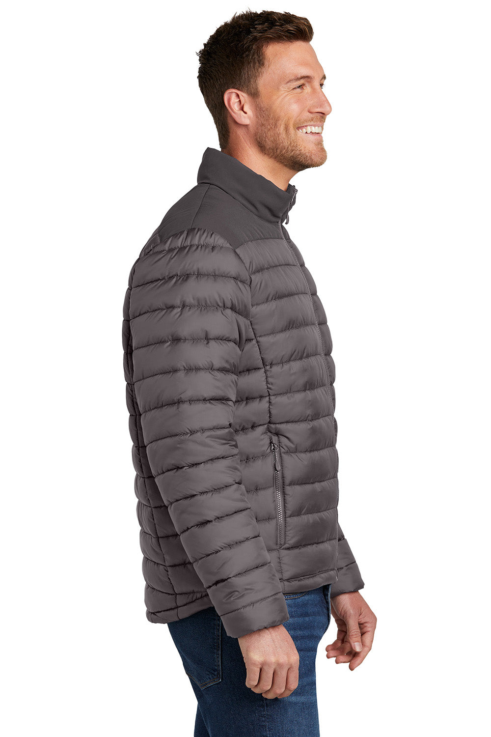 Port Authority J364 Mens Horizon Water Resistant Full Zip Puffy Jacket Deep Smoke Grey/Smoke Grey Model Side