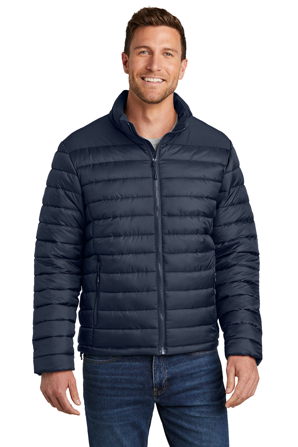 Port Authority J364 Mens Horizon Water Resistant Full Zip Puffy Jacket Dress Navy Blue Model Front