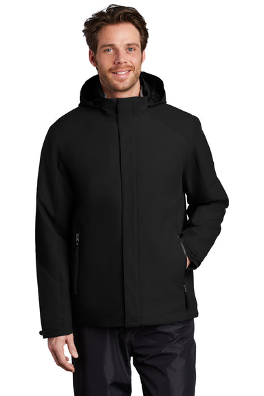 Port Authority J405 Mens Tech Windproof & Waterproof Full Zip Hooded Jacket Deep Black Model Front